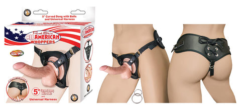 ALL AMERICAN WHOPPERS 5" CURVED DONG W/BALLS & UNIVERSAL HARNESS-WHITE